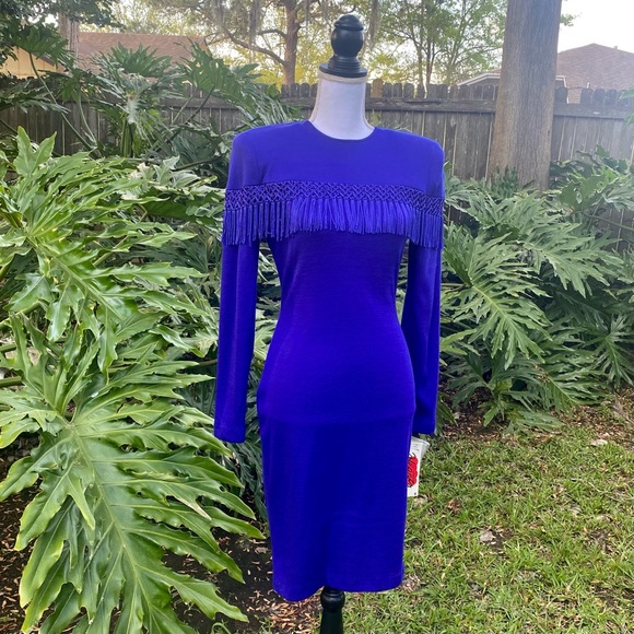 Vintage dead stock cobalt blue fringe long sleeve sweater dress. - Picture 8 of 16